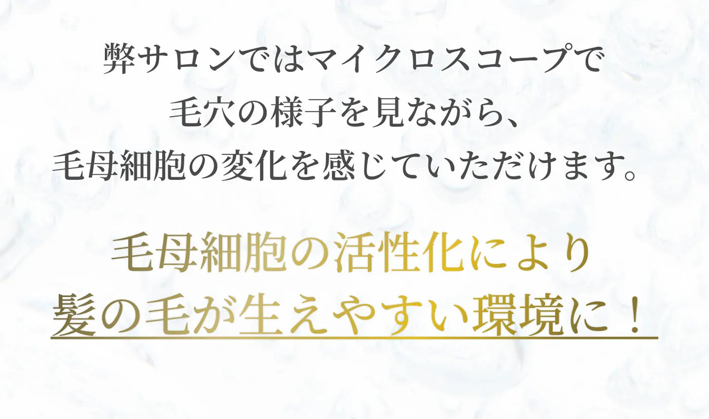弊サロンではマイクロスコープで毛穴の様子を見ながら、毛母細胞の変化を感じていただけます。毛母細胞の活性化により髪の毛が生えやすい環境に！